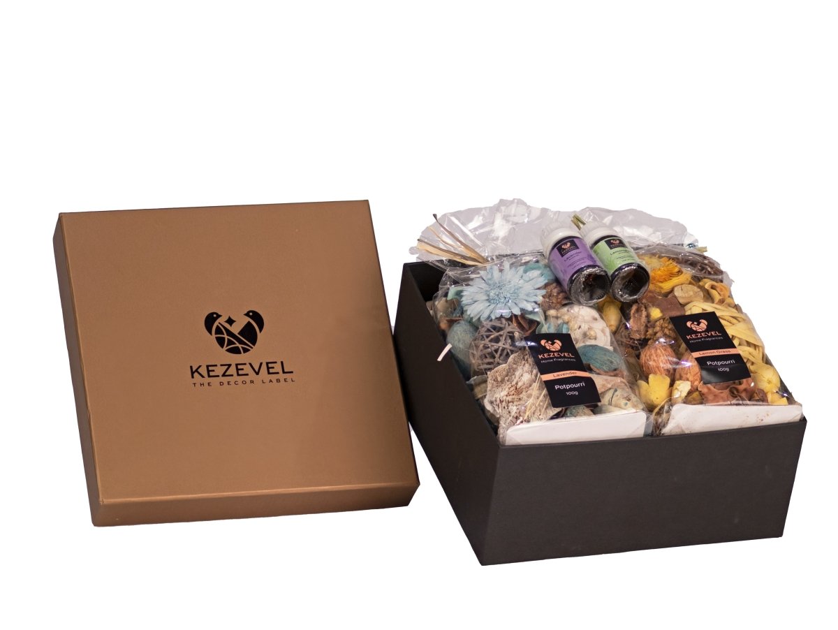 Kezevel Aromatic hamper of Lavender and Lemongrass Fragrances with Potpourri, Oils and Tea Light Candle- Pack of 1 - Kezevel
