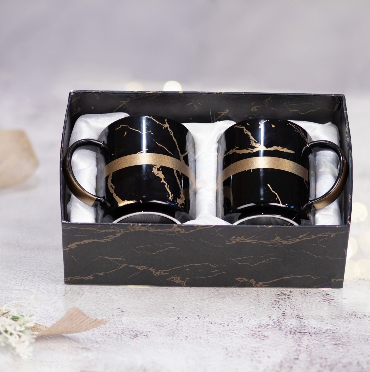 Kezevel Black & Gold Mug - Set of 2 Porcelain Mugs in Marble Finish - Kezevel