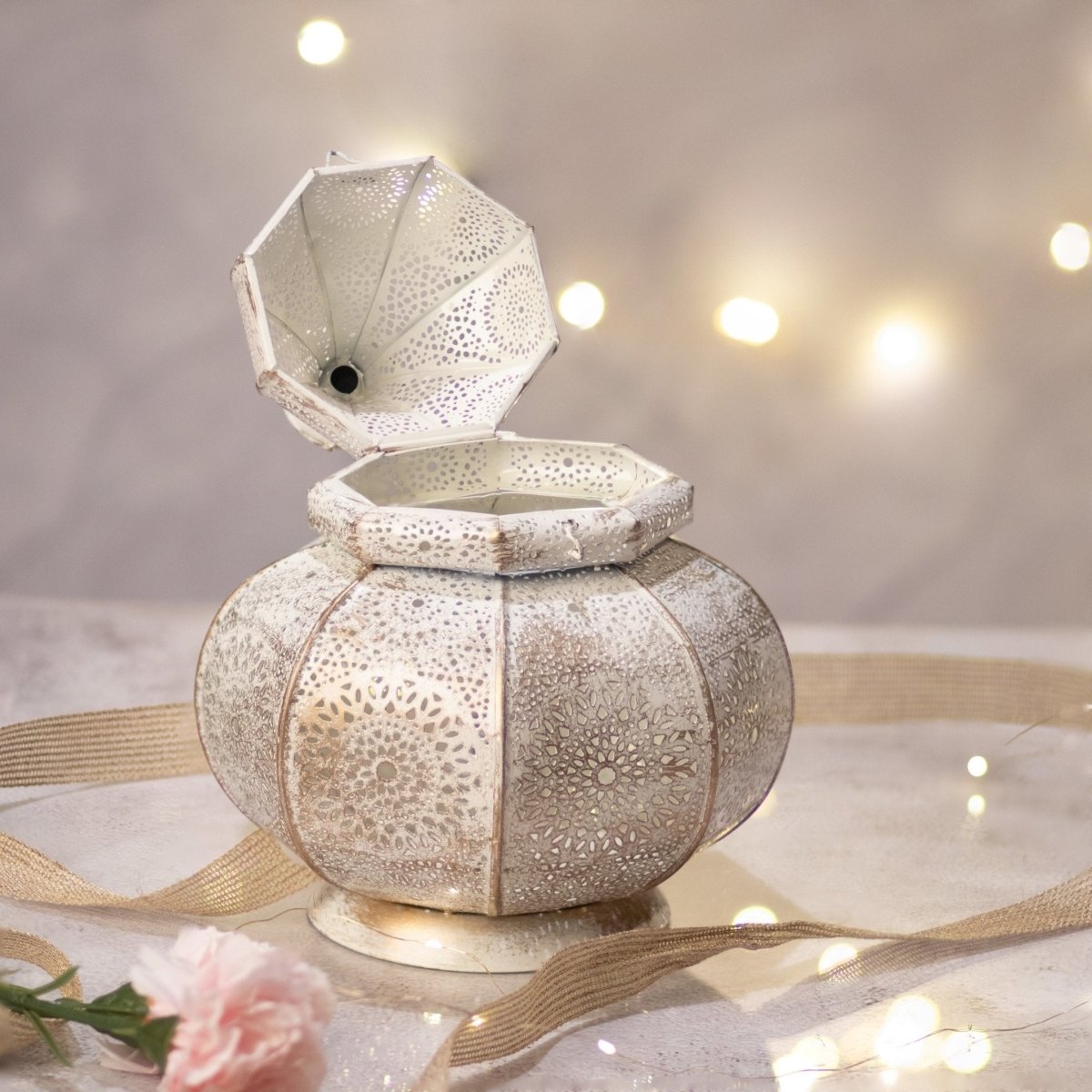 Kezevel Bulb Lantern White Gold - Hand Carved Metal Bulb Holder Lantern in White Gold