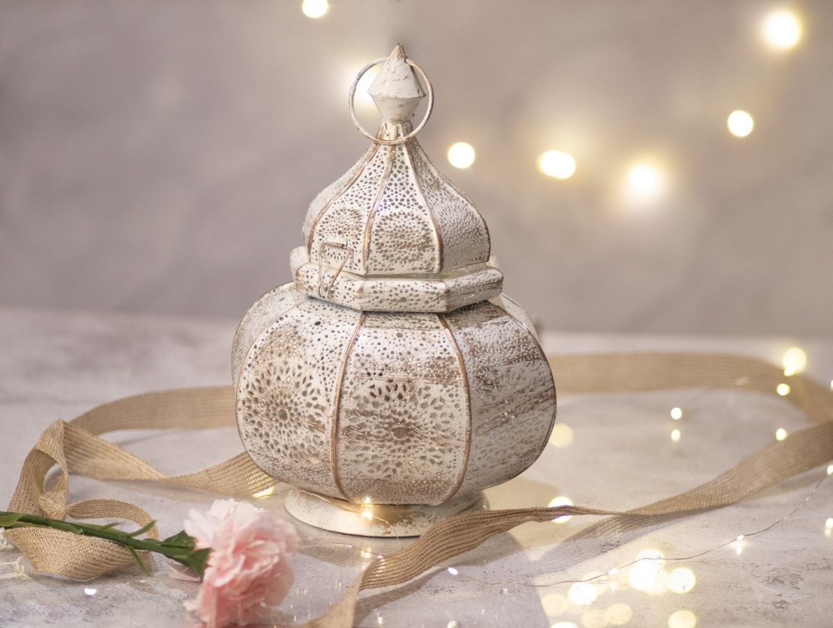 Kezevel Bulb Lantern White Gold - Hand Carved Metal Bulb Holder Lantern in White Gold