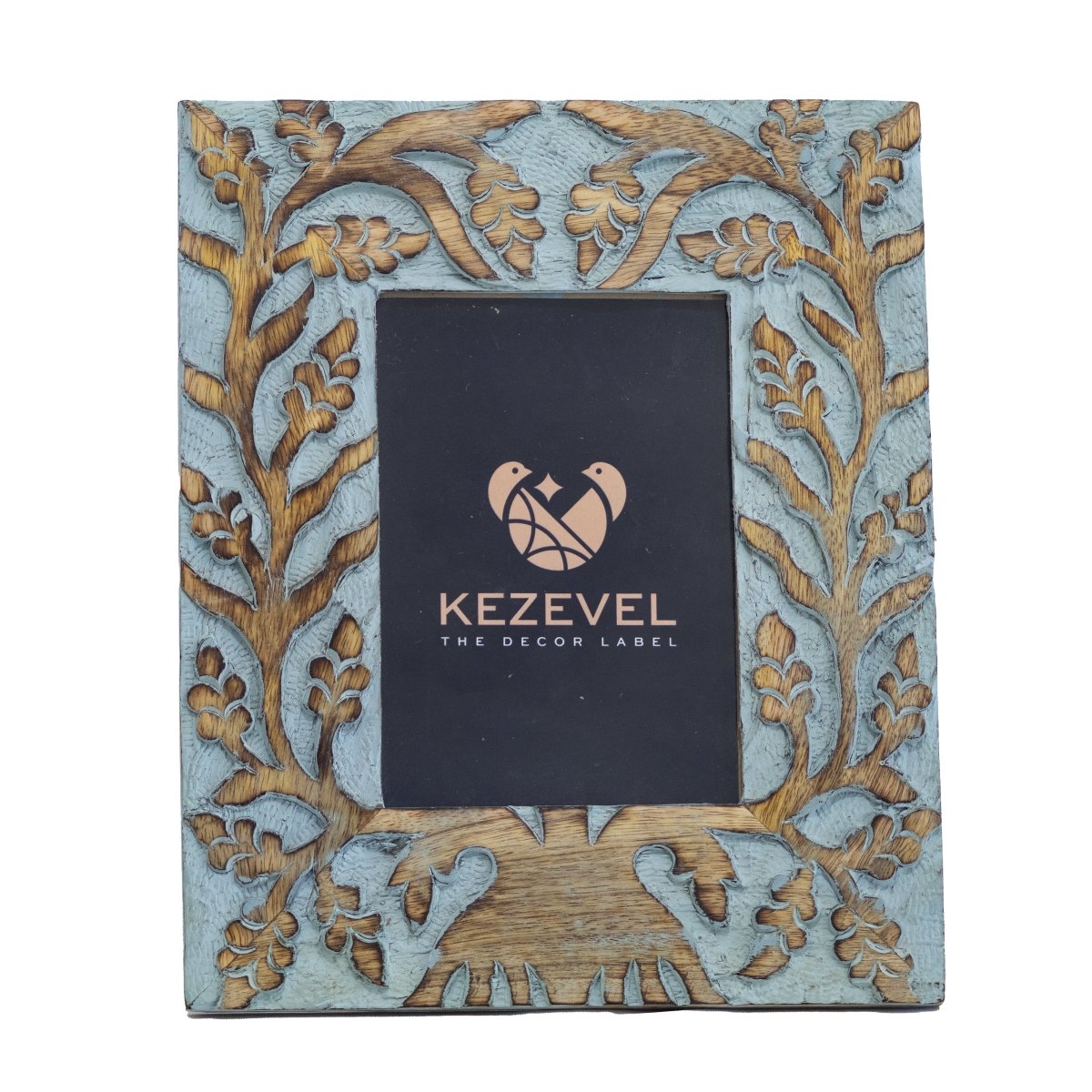 Kezevel Carved Wooden Photo Frames - Artistic Rectangle Photo Frame for Table in Brown and Blue for Picture Size 5X7 inch