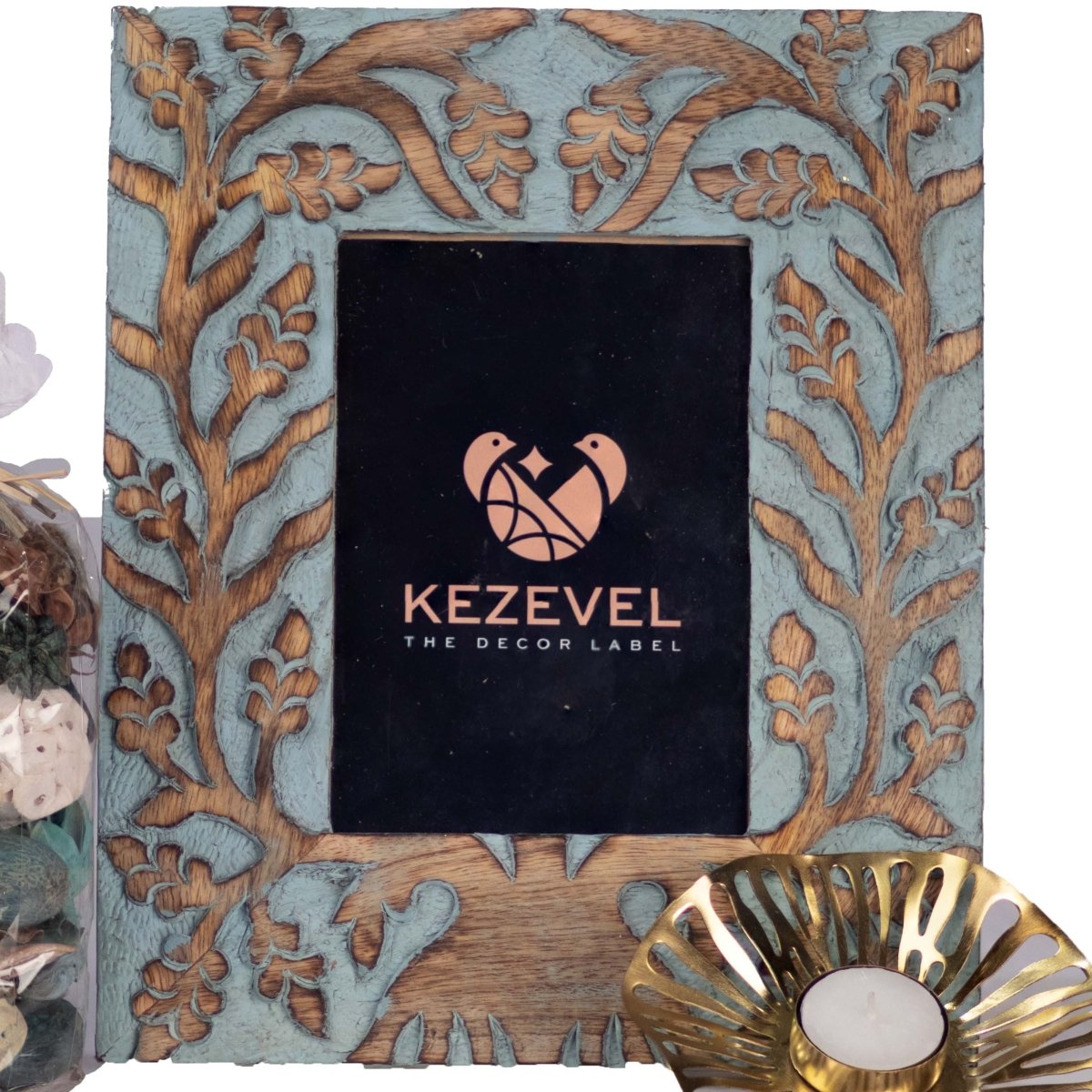 Kezevel Carved Wooden Photo Frames - Artistic Rectangle Photo Frame for Table in Brown and Blue for Picture Size 5X7 inch