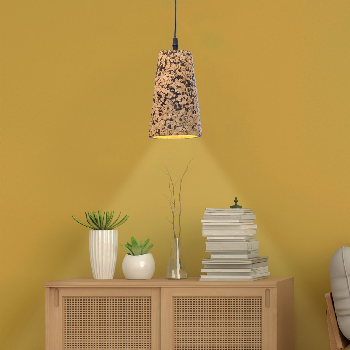 Kezevel Cork Decorative Hanging Light - Natural Cork Brown Conical Pendant Light for Living Room, Balcony, Foyer and Bedroom