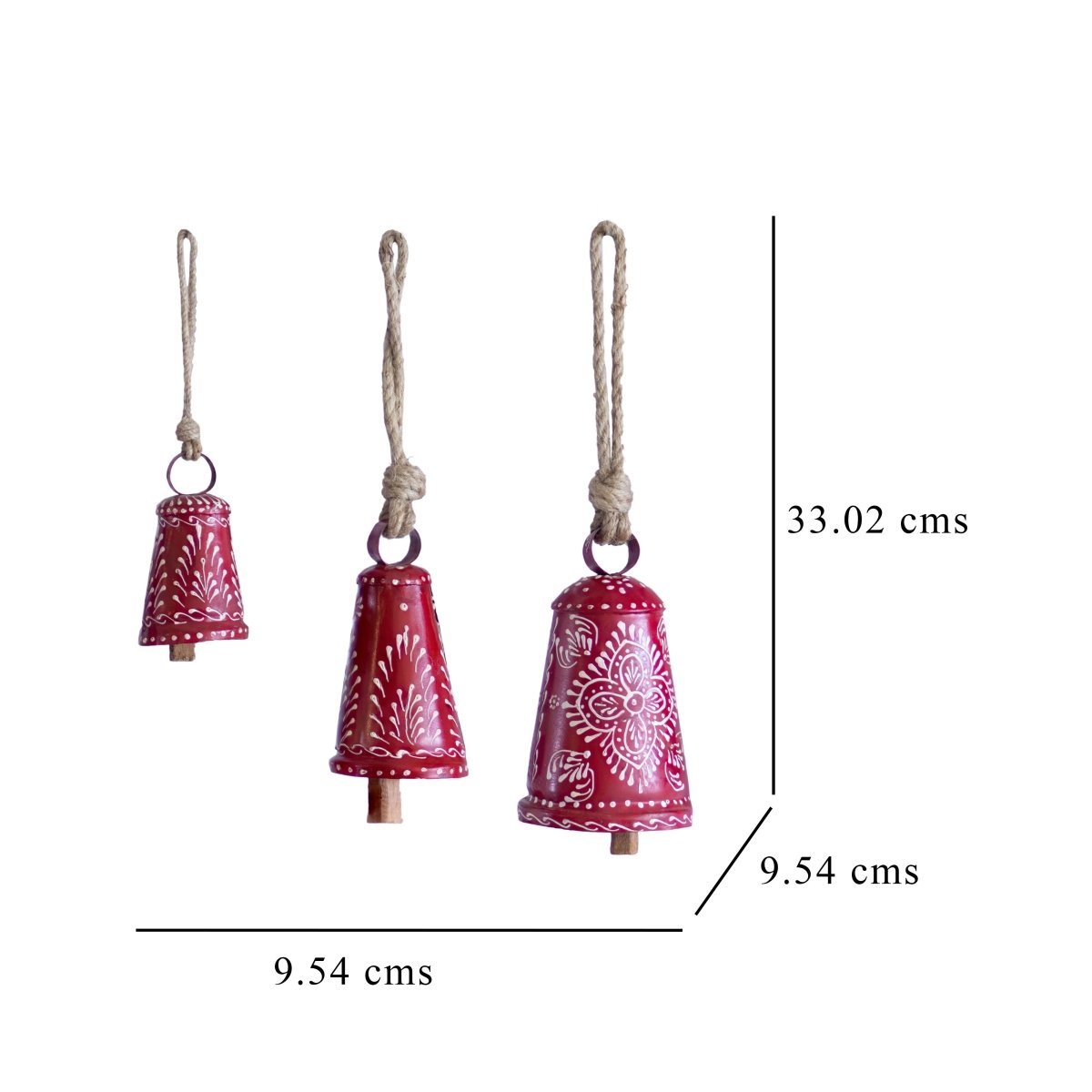 Kezevel Handmade Metal Hanging Bells - Set of 3 Red and White Antique Wind Chimes with Rope for Home Garden Decor, Balcony