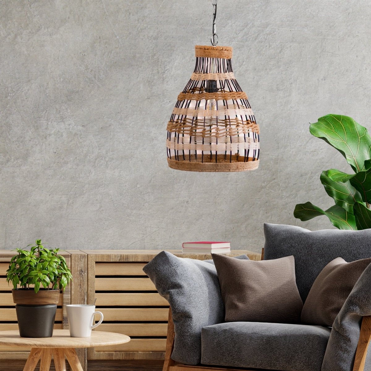 Kezevel Jute Laced Hanging Light - Artistically Handcrafted Pendant Light / Lamp for Living Room, Bedroom, Foyer and Balcony