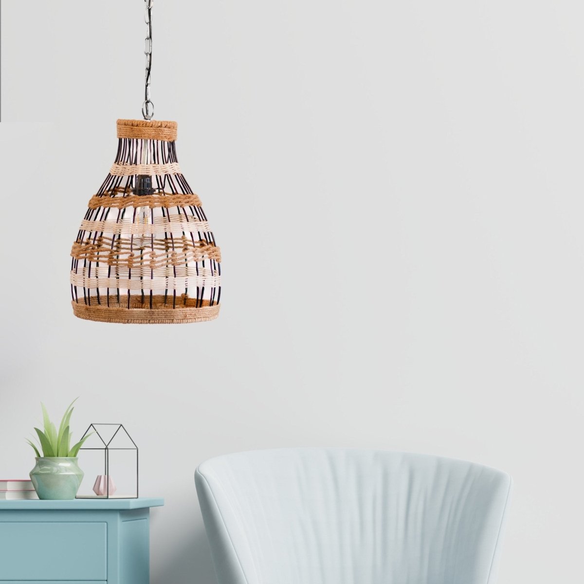 Kezevel Jute Laced Hanging Light - Artistically Handcrafted Pendant Light / Lamp for Living Room, Bedroom, Foyer and Balcony