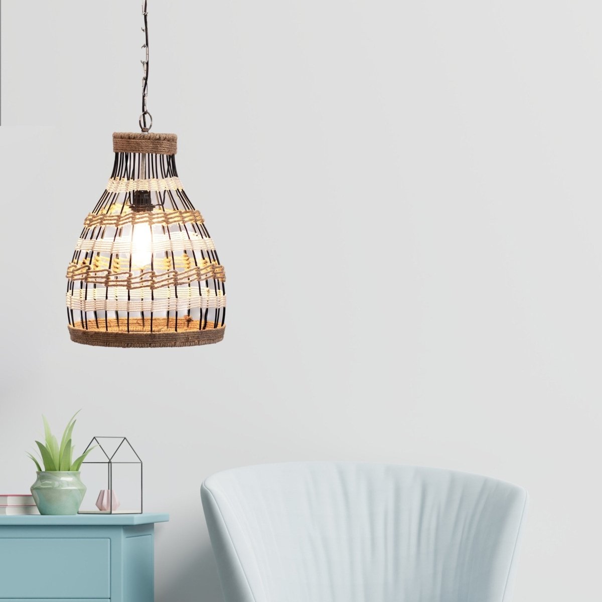 Kezevel Jute Laced Hanging Light - Artistically Handcrafted Pendant Light / Lamp for Living Room, Bedroom, Foyer and Balcony