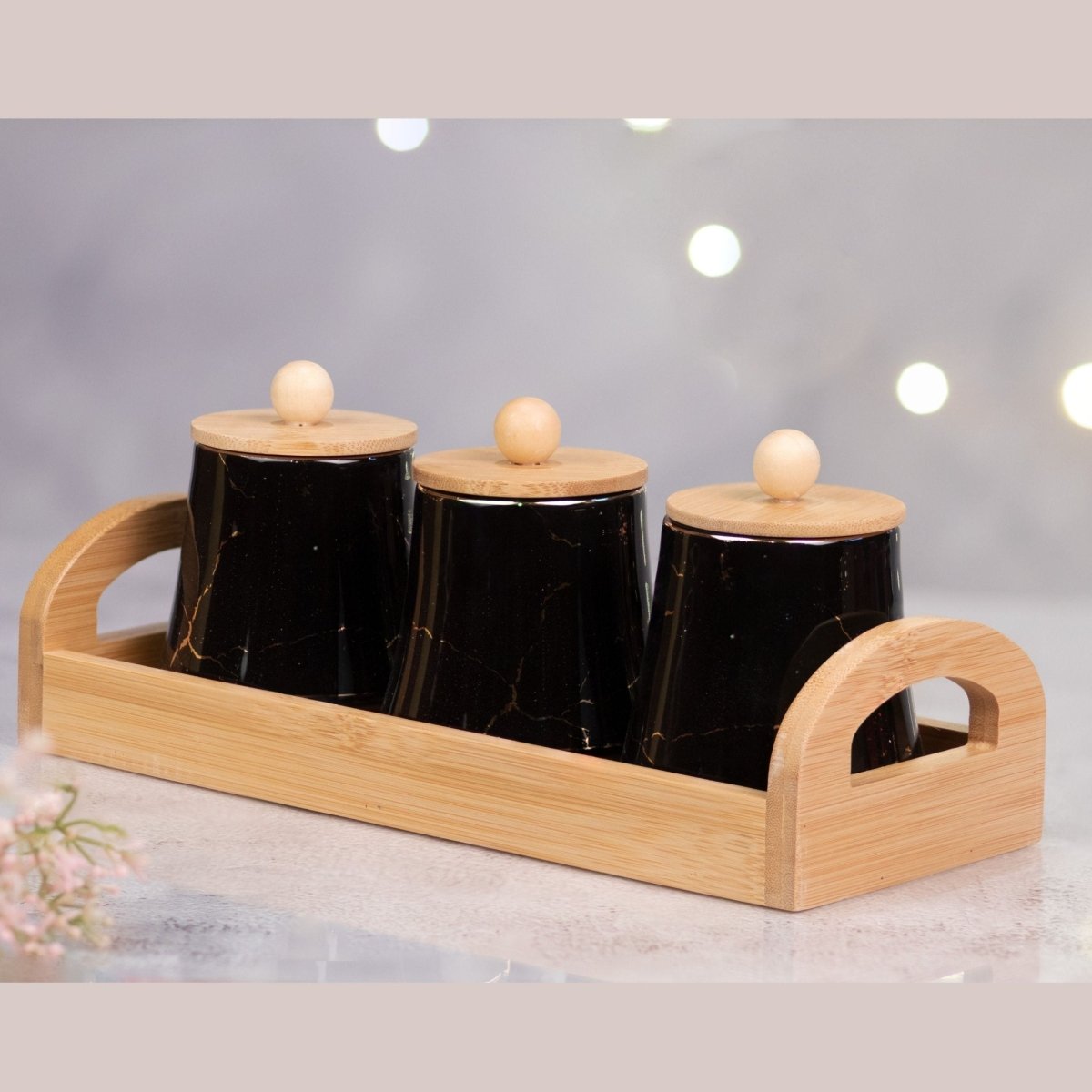 Kezevel Marble finish Porcelain Jars - Set of 3 with a Bamboo Tray Holder. Black and Golden Marble Finish. - Kezevel