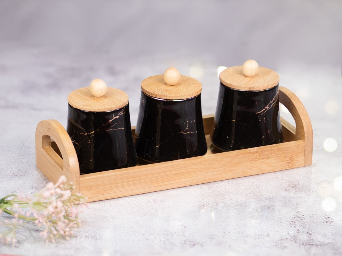 Kezevel Marble finish Porcelain Jars - Set of 3 with a Bamboo Tray Holder. Black and Golden Marble Finish. - Kezevel