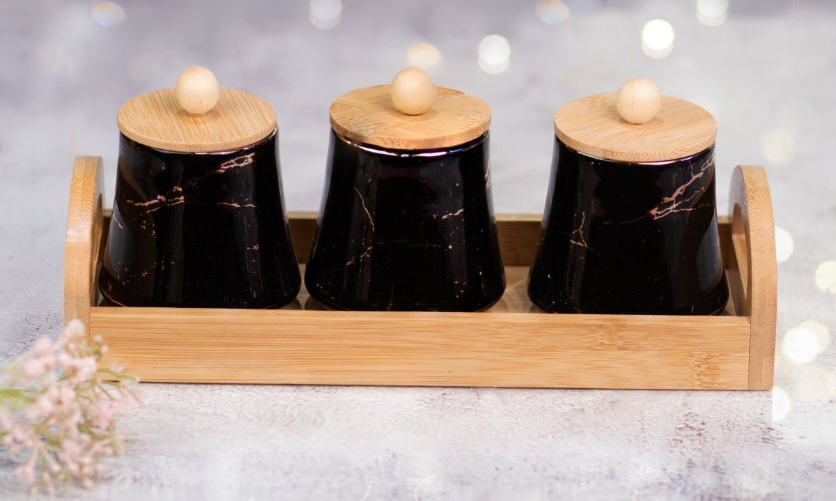 Kezevel Marble finish Porcelain Jars - Set of 3 with a Bamboo Tray Holder. Black and Golden Marble Finish. - Kezevel