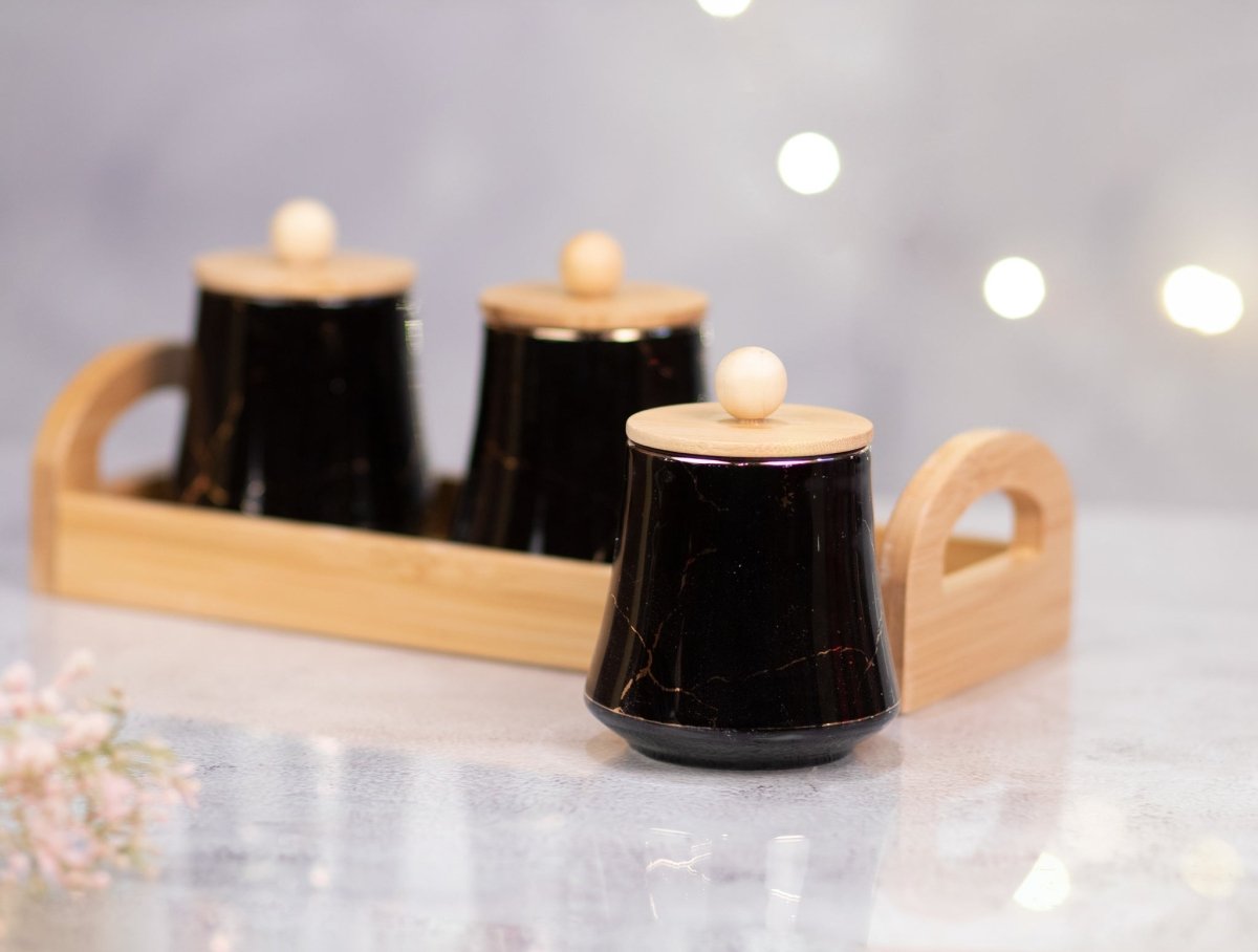 Kezevel Marble finish Porcelain Jars - Set of 3 with a Bamboo Tray Holder. Black and Golden Marble Finish. - Kezevel