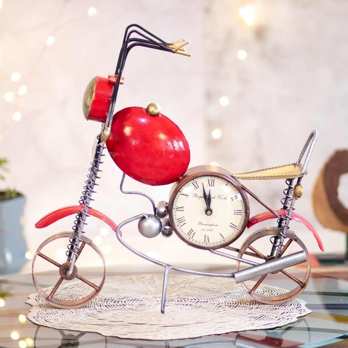 Kezevel Metal Bike with Watch Table Decor - Handcrafted Bike Table Decorative in Red Bronze Finish, Metal Showpieces for Home Decor, Size 40X10X37.5CM - Kezevel