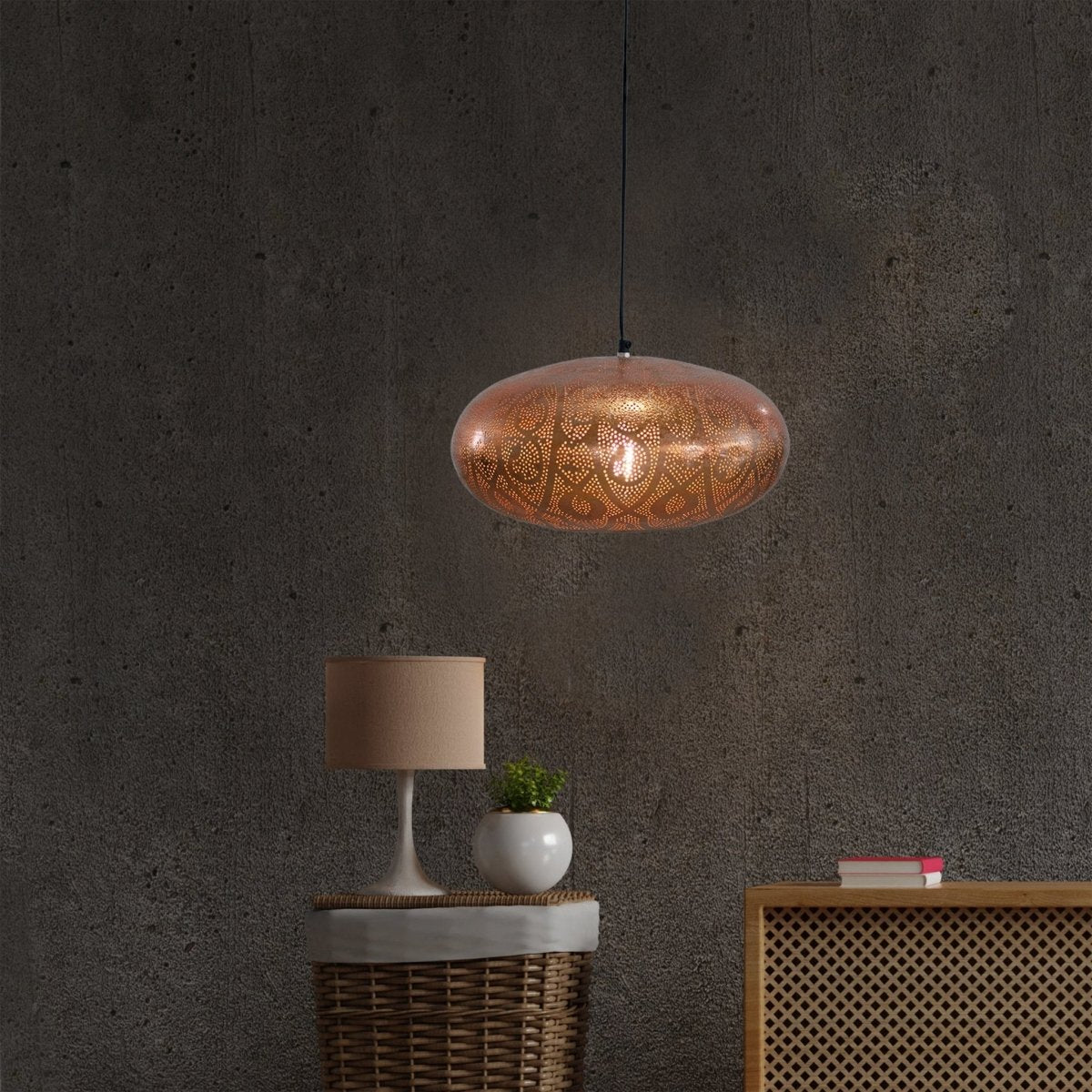 Kezevel Metal Decor Hanging Light - Copper Finish Hand Carved Pendant Light / Lamp for Living Room, Bedroom, Balcony, Foyer
