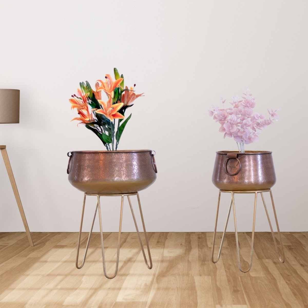 Kezevel Metal Planter with Stand - Handcrafted Antique Copper and Gold Plant Pot Holder, Indoor Planter Pot for Home Decor Size Big / Small - Kezevel