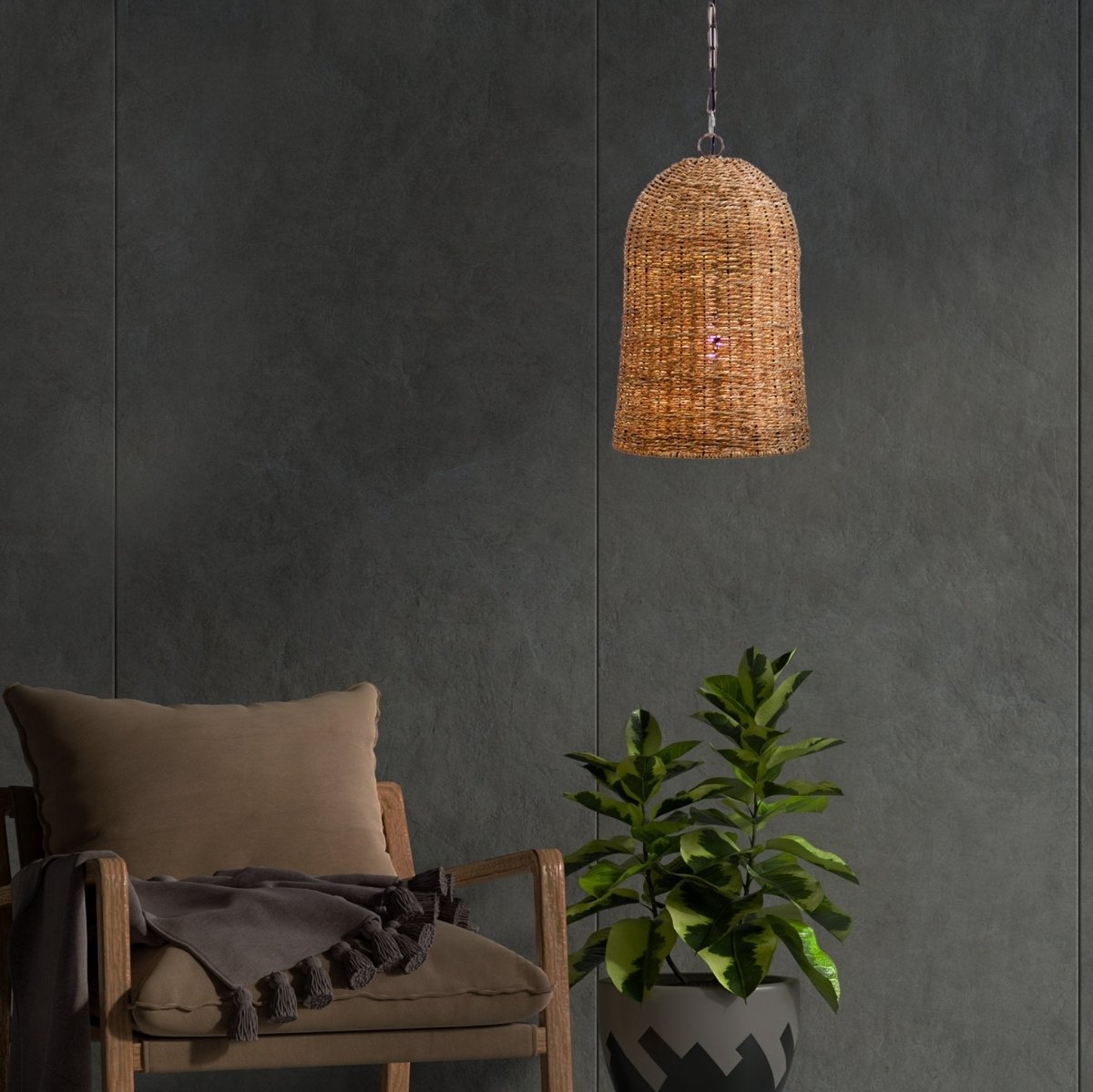 Kezevel Seagrass Weaved Hanging Light - Artistically Handcrafted Pendant Light for Living Room, Bedroom, Balcony and Foyer