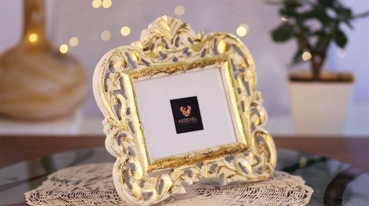 Kezevel Wooden Carved Photo Frames - Rectangle Photo Frame in White & Gold Finish for Picture Size 7X5 inch, Picture Frame