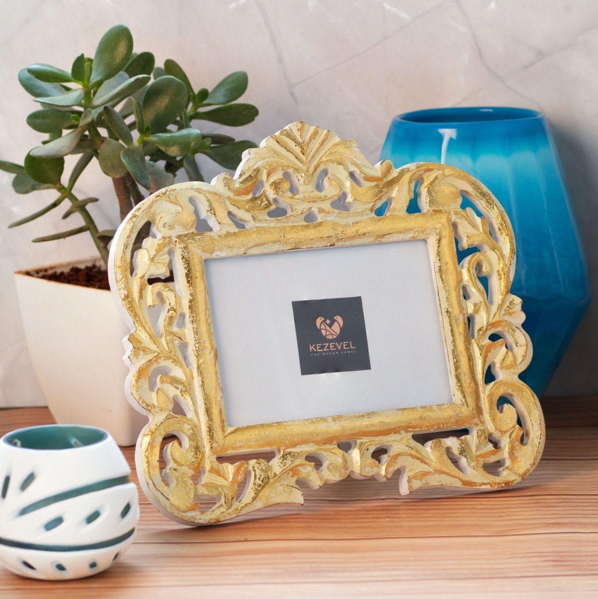 Kezevel Wooden Carved Photo Frames - Rectangle Photo Frame in White & Gold Finish for Picture Size 7X5 inch, Picture Frame