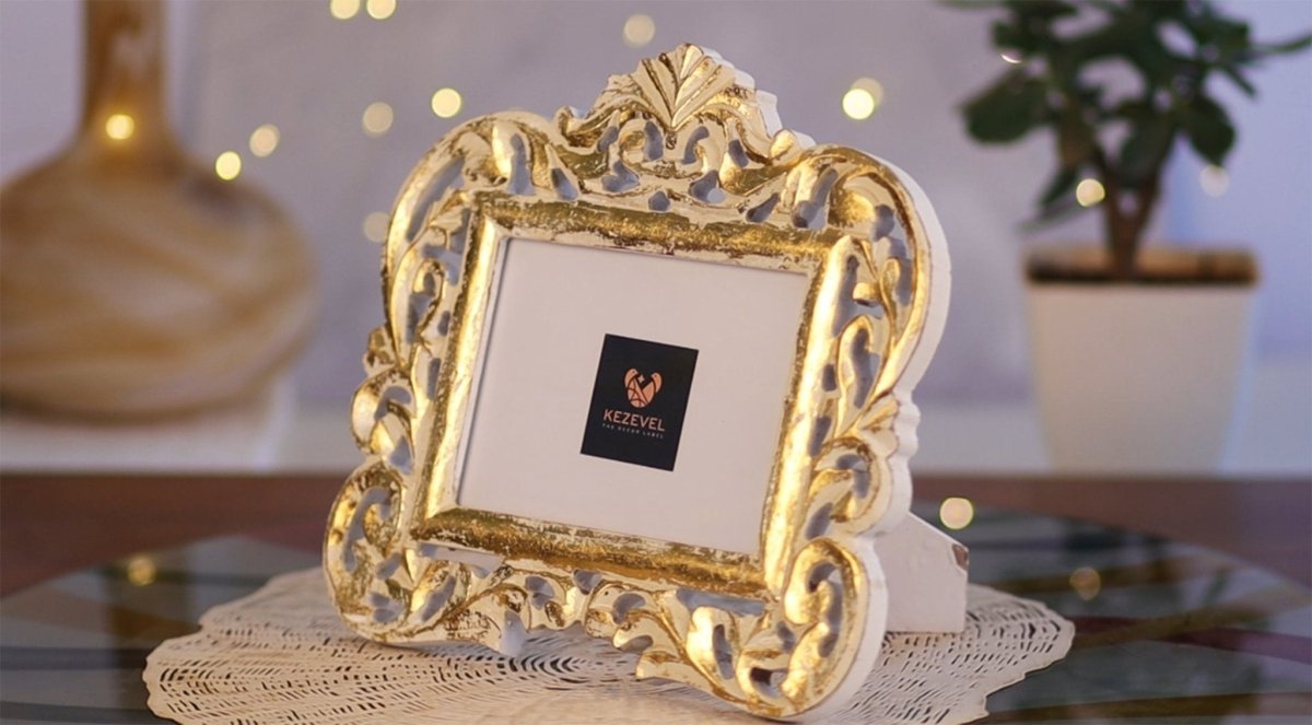 Kezevel Wooden Carved Photo Frames - Rectangle Photo Frame in White & Gold Finish for Picture Size 7X5 inch, Picture Frame