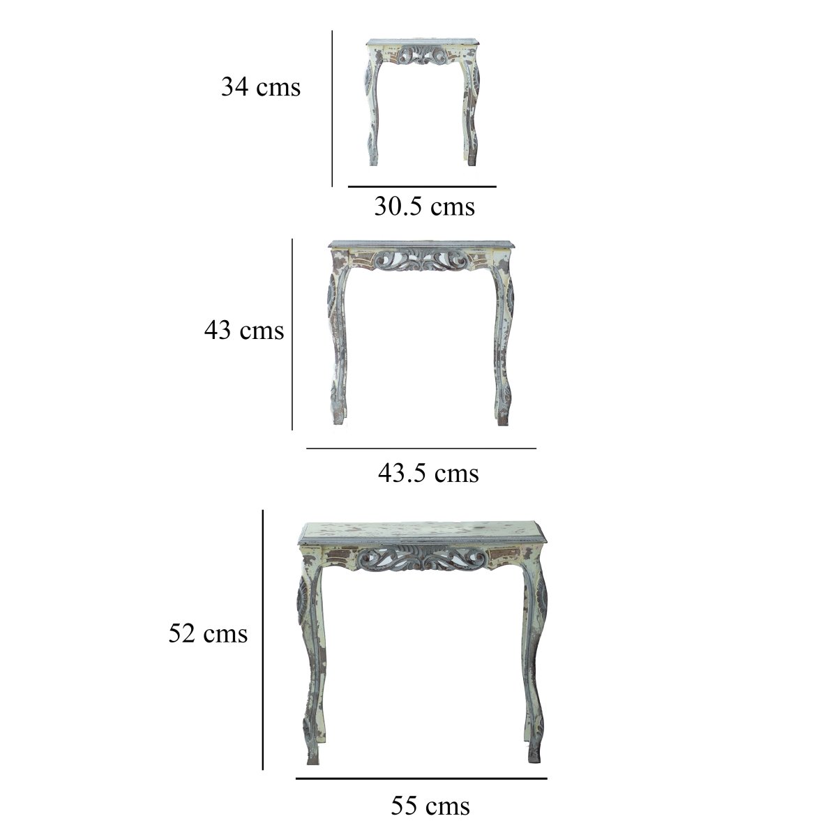 Kezevel Wooden Decorative Nesting Table Set of 3 - Rectangle Cream, Brown, Grey Handcrafted Distressed Stacking Table