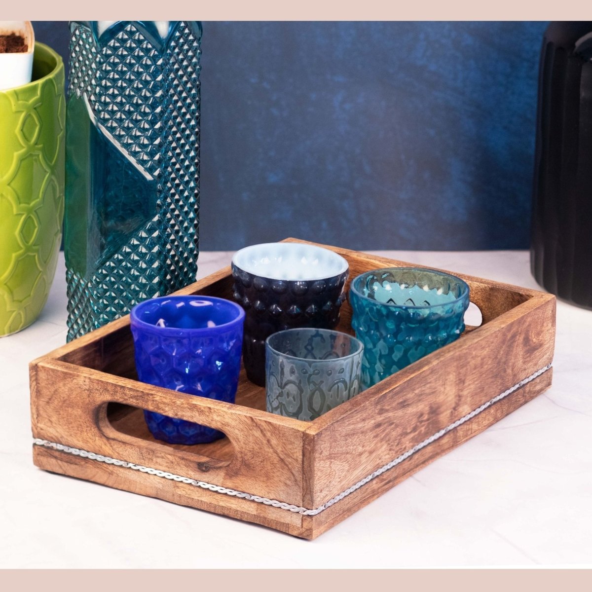 Kezevel Wooden Serving Tray - Artistic Handcrafted Mango Wood Tray with Metal Lining Curved Handle for Dinning Table, Kitchen