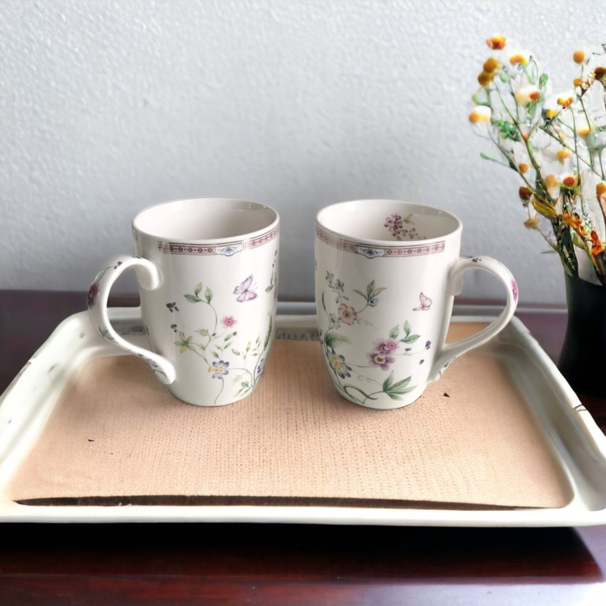 Kezevel Porcelain Large Mugs White - Set of 2 Floral Printed 330 ML Mugs, Serves as Tea Cups, Coffee Cups, Tea Mugs, Coffee Mugs - Kezevel