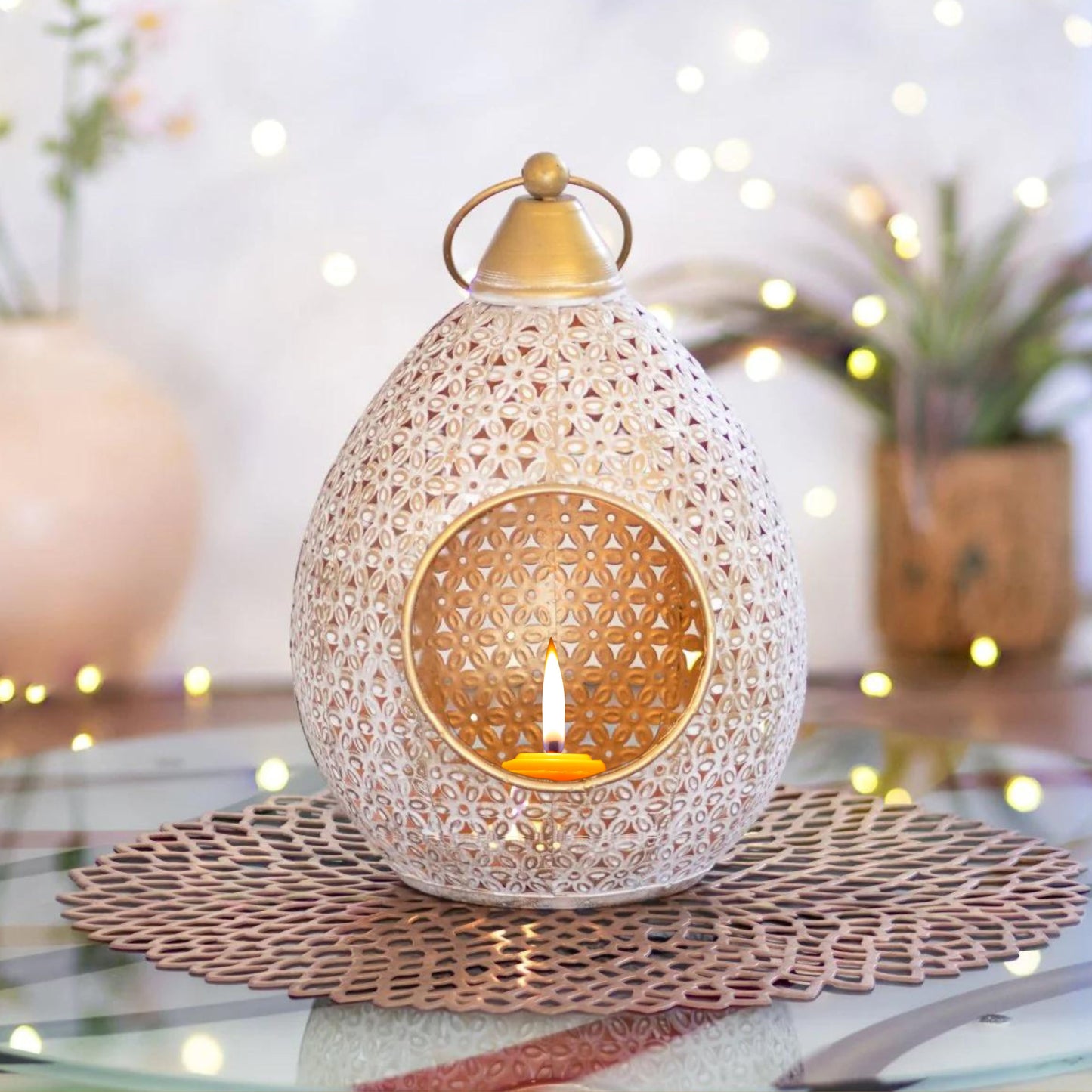 Kezevel Metal Tealight Candle Holder - Handcrafted Conical Golden Washed White Candle Holder for Home Decoration, Table Decor