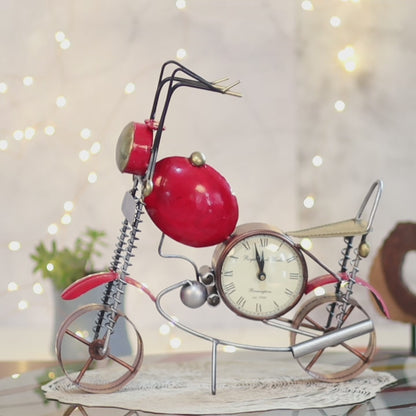 Kezevel Metal Bike with Watch Table Decor - Handcrafted Bike Table Decorative in Red Bronze Finish, Metal Showpieces for Home Decor, Size 40X10X37.5CM