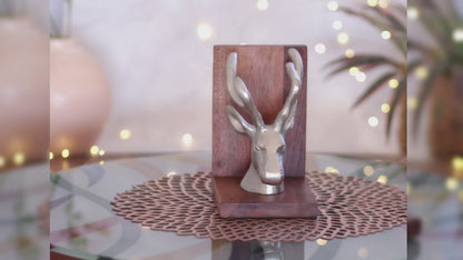 Kezevel Metal Wood Bookend Pair - Decorative Silver Deer Book Holder for Shelves with Wooden Base, Animal Book Stopper Decorative, Size 16X11.5X18 CM