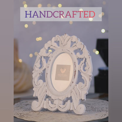 Kezevel Wooden Carved Photo Frames - Artistic Oval Photo Frame in Antique White Finish for Picture Size 4X6 inch, Picture Frame Size 22.86X1.5X27.94CM