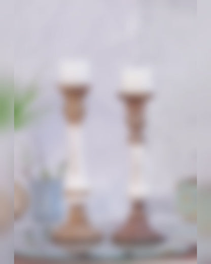 Kezevel Wooden Candle Stand - Artistic Vintage White & Brown Mango Wood Candle Holders for Home Decoration, Pillar Candle Holder, Size 15X15X40.5 CM
