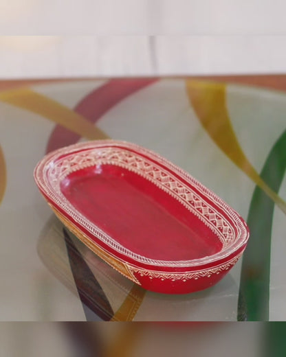 Kezevel Wooden Decorative Tray - Oval Red White Handcrafted Natural Mango Wood Small Wood Tray for Decor, Storage Tray Puja Tray, Size 22.5X11.5X3.5CM