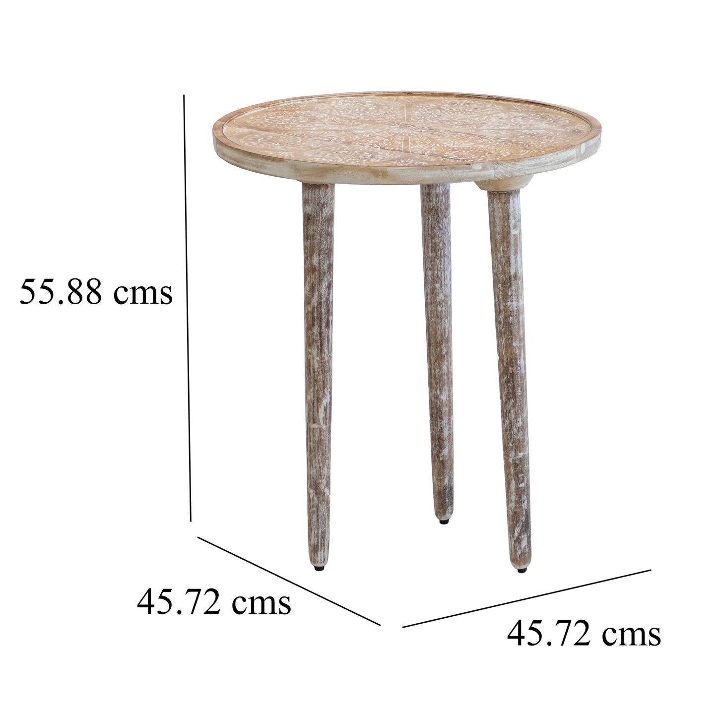 Kezevel Wooden Decorative Accent Table - Round Brown White Handcrafted Vintage End Table, Bedside Table, Side Stand, Size 45.72X45.72X55.88 CM