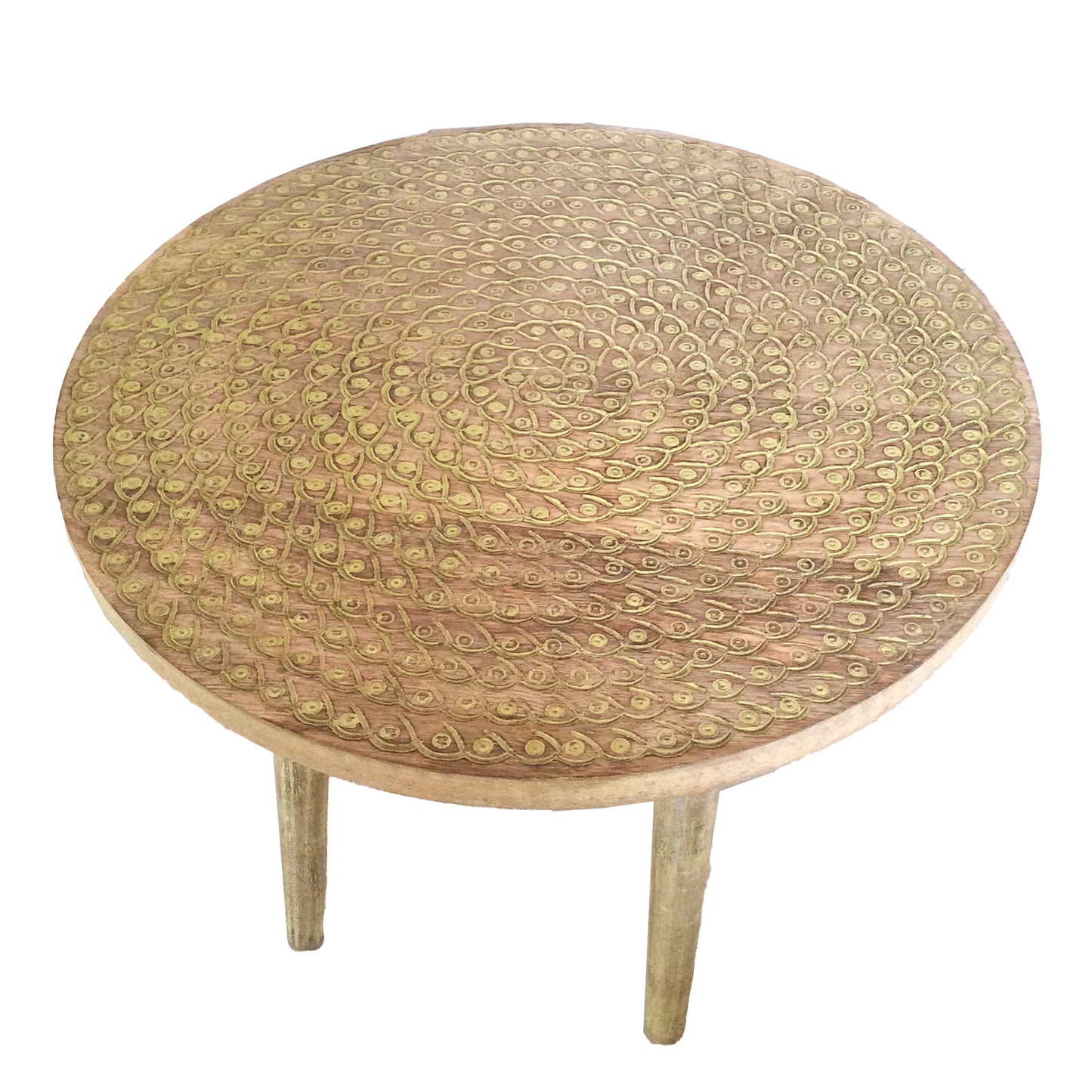 Kezevel Wooden Decorative Accent Table - Round Brown Yellow Handcrafted Vintage End Table, Bedside Table, Side Stand, Stool, Size 45.72X45.72X48.26 CM