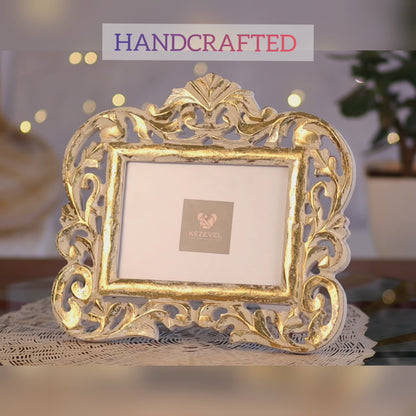 Kezevel Wooden Carved Photo Frames - Artistic Rectangle Photo Frame in White & Gold Finish for Picture Size 7X5 inch, Picture Frame Size 29X1.5X26.5CM