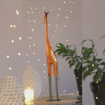 Kezevel Metal Giraffe Table Decor - Tall Giraffe Figurines cum Statue in Orange and Silver Finish - Showpiece for Home Decor - Size 12X7.6X76.2 CM