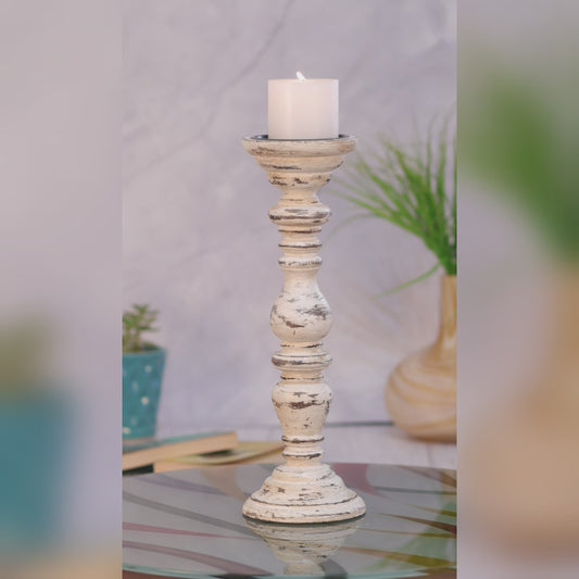 Kezevel Wooden Candle Stand-Artistic Ivory & Brown Antique Mango Wood Candle Holders for Home Decoration, Pillar Candle Holder, Size 13.5X13.5X41.5CM