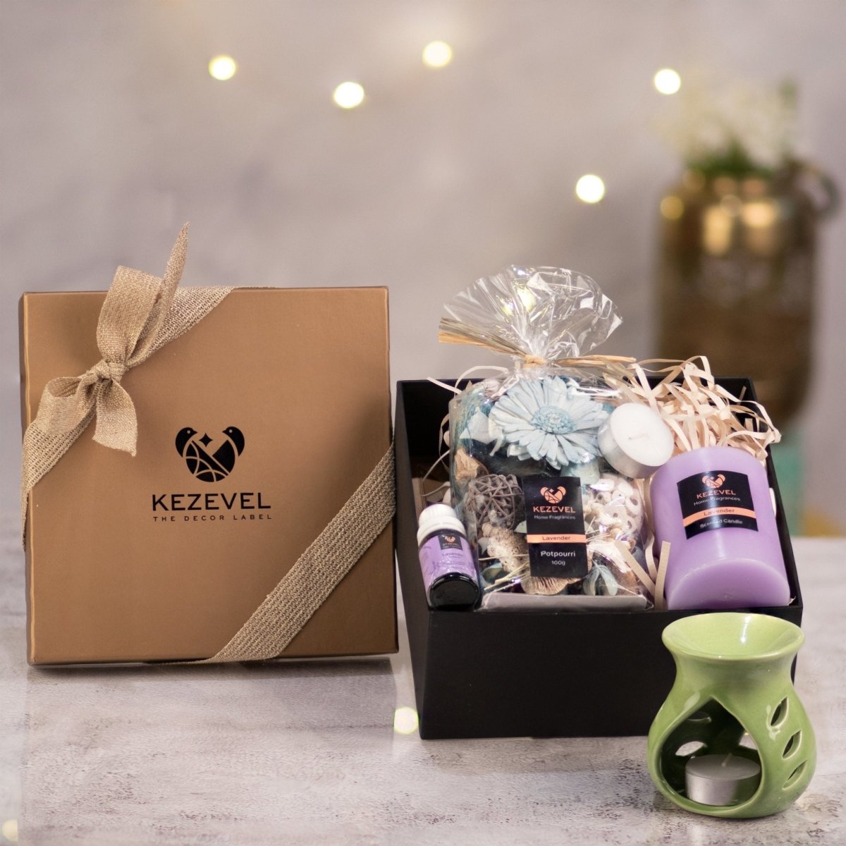 Kezevel Aromatic Gift hamper of Lavender Pillar Candle with Potpourri Fragrance Oil and Aroma Diffuser- Pack of 1 - Kezevel