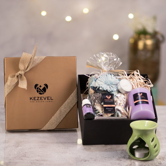 Kezevel Aromatic Gift hamper of Lavender Pillar Candle with Potpourri Fragrance Oil and Aroma Diffuser- Pack of 1 - Kezevel
