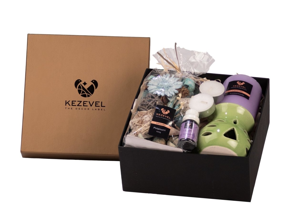 Kezevel Aromatic Gift hamper of Lavender Pillar Candle with Potpourri Fragrance Oil and Aroma Diffuser- Pack of 1 - Kezevel