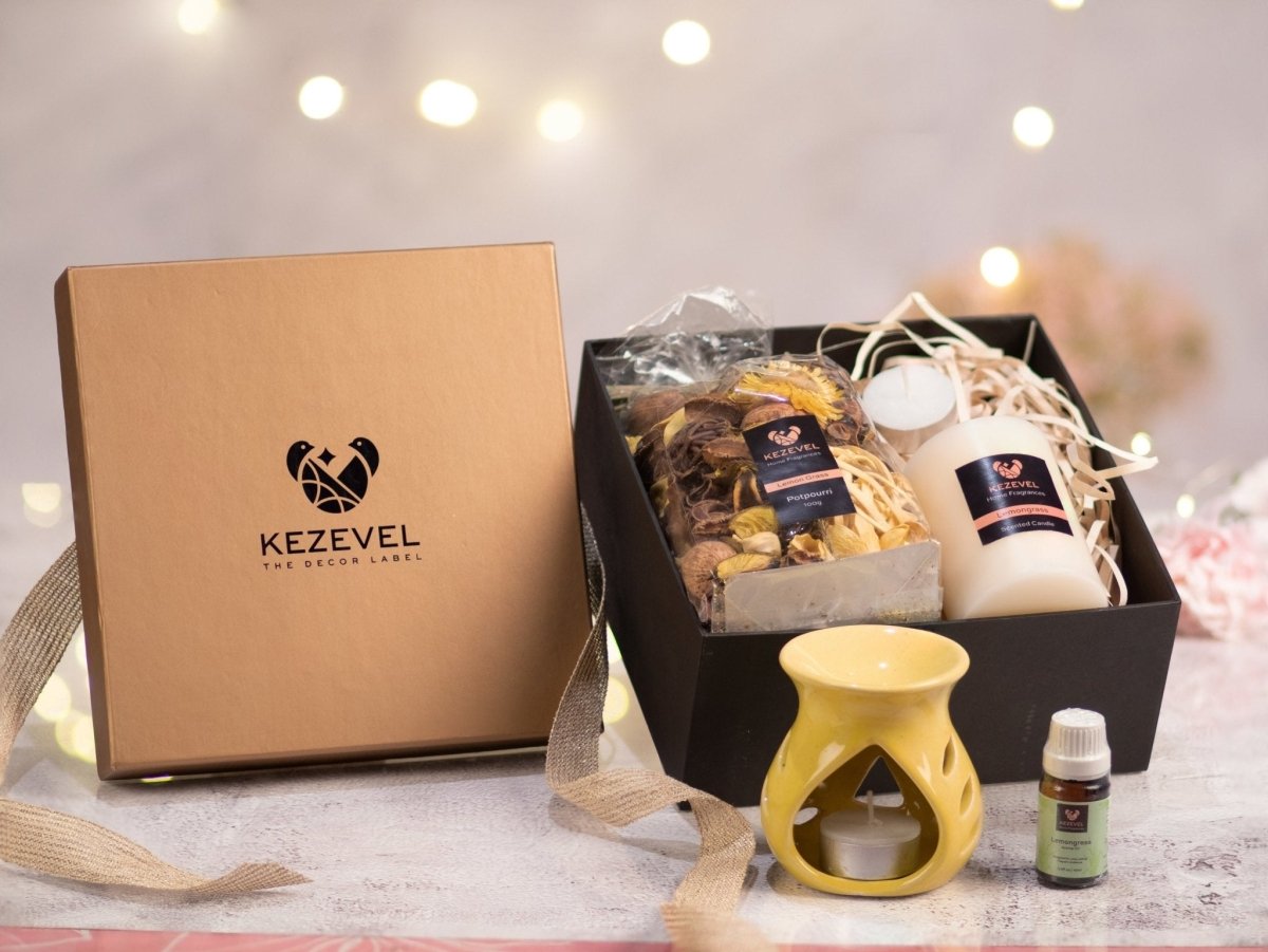 Kezevel aromatic gift hamper of Lemongrass Pillar Candle, Potpourri Fragrance Oil and Aroma Diffuser- Pack of 1 - Kezevel