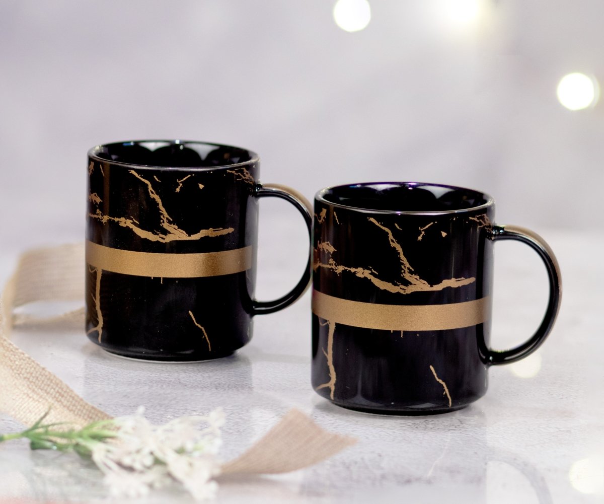 Kezevel Black & Gold Mug - Set of 2 Porcelain Mugs in Marble Finish - Kezevel