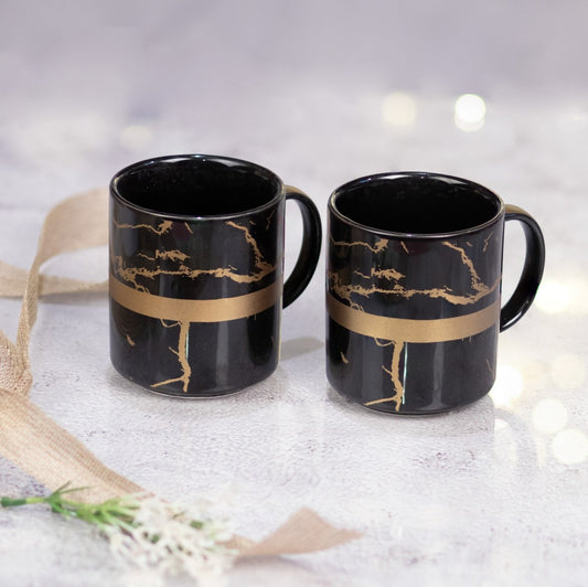Kezevel Black & Gold Mug - Set of 2 Porcelain Mugs in Marble Finish - Kezevel