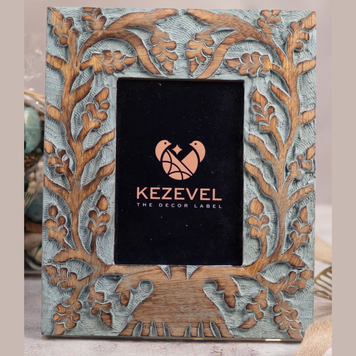 Kezevel Carved Wooden Photo Frames - Artistic Rectangle Photo Frame for Table in Brown and Blue for Picture Size 5X7 inch