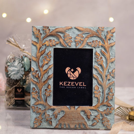 Kezevel Carved Wooden Photo Frames - Artistic Rectangle Photo Frame for Table in Brown and Blue for Picture Size 5X7 inch