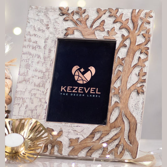Kezevel Carved Wooden Photo Frames - Artistic Rectangle Photo Frame for Table in Brown and Ivory for Picture Size 5X7 inch