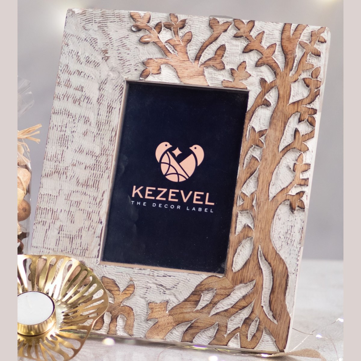 Kezevel Carved Wooden Photo Frames - Artistic Rectangle Photo Frame for Table in Brown and Ivory for Picture Size 5X7 inch