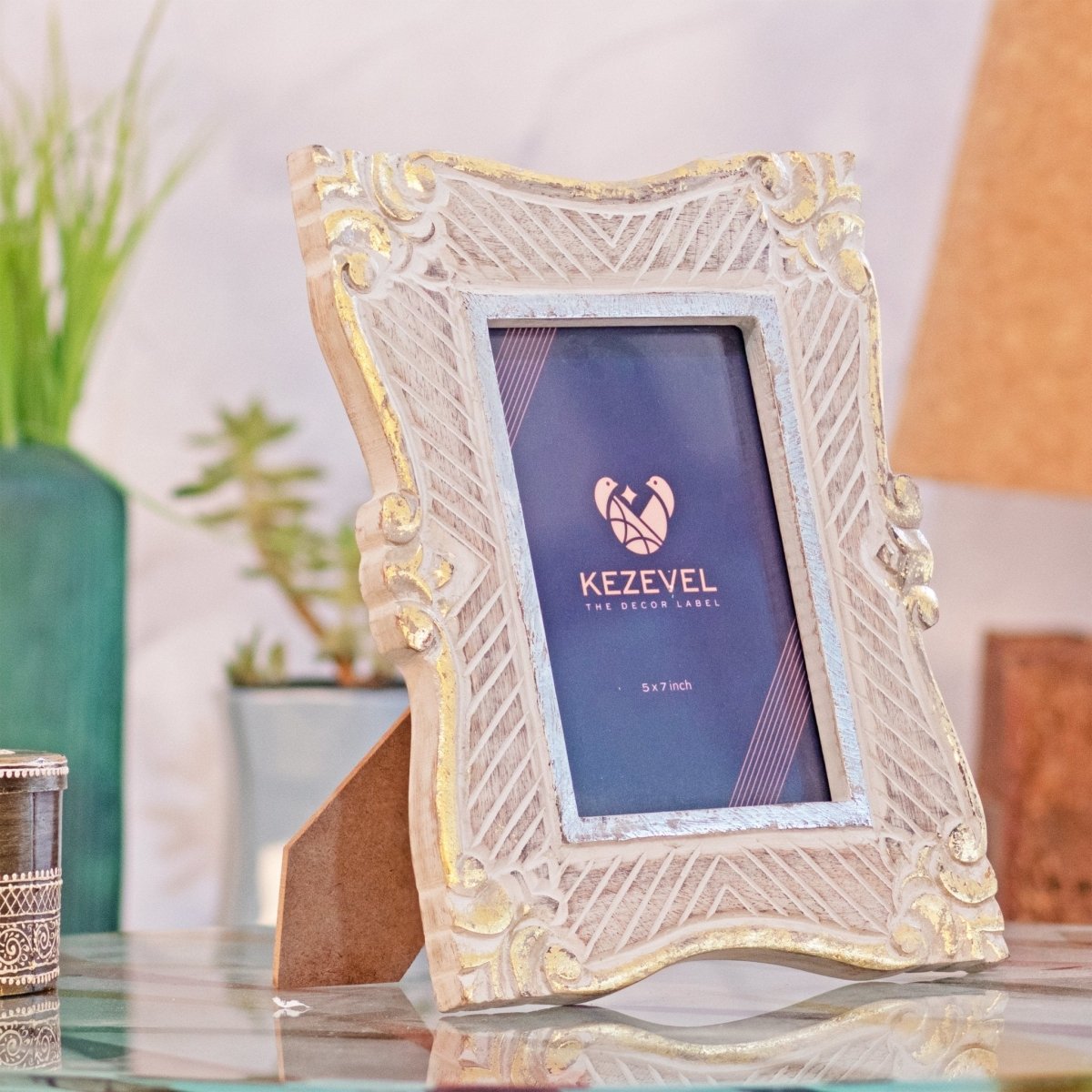 Kezevel Carved Wooden Photo Frames - Rectangle Photo Frame for Table in Brown Golden Silver Finish Picture Size 5X7 inch