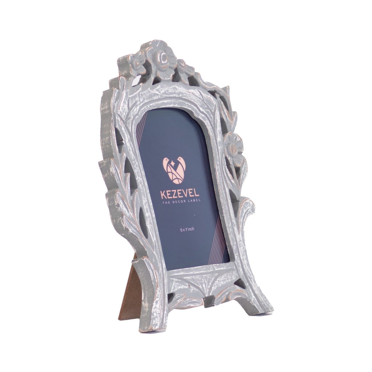 Kezevel Carved Wooden Photo Frames - Artistic Rectangle Photo Frame for Table in Grey White Finish for Picture Size 5X7 inch
