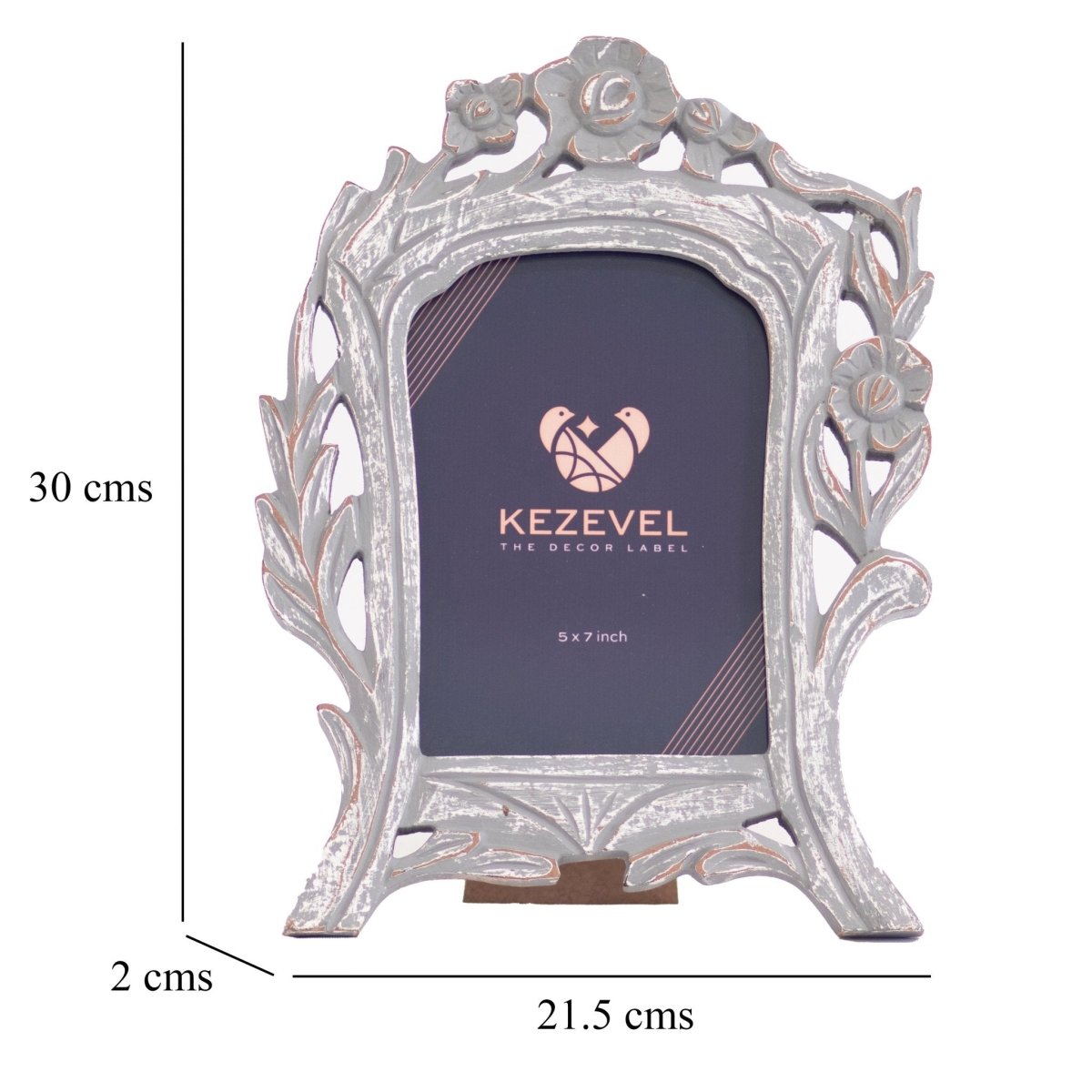 Kezevel Carved Wooden Photo Frames - Artistic Rectangle Photo Frame for Table in Grey White Finish for Picture Size 5X7 inch