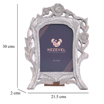 Kezevel Carved Wooden Photo Frames - Artistic Rectangle Photo Frame for Table in Grey White Finish for Picture Size 5X7 inch